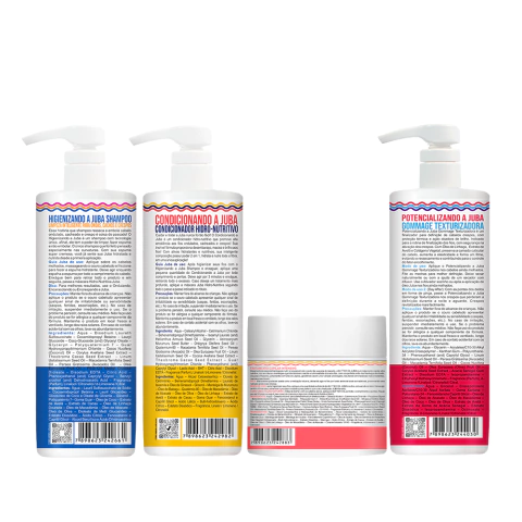 Verso do Kit Widi Care Juba Gommage com shampoo, condicionador, máscara Butter Oil e gommage para cabelos ondulados, cacheados e crespos