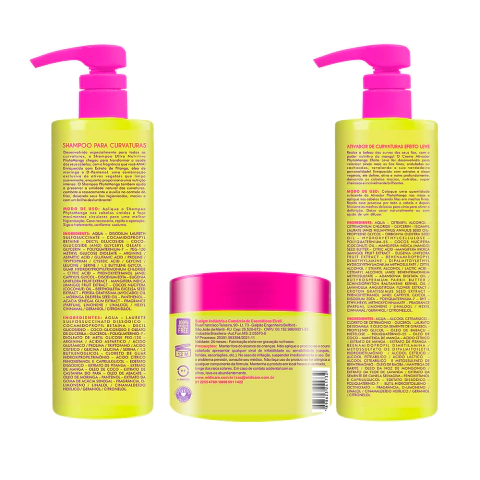 Verso do Kit Widi Care Phytomanga com shampoo para curvaturas, máscara ultra nutritiva de 300g e creme de pentear leve, indicado para cabelos ondulados, cacheados e crespos.