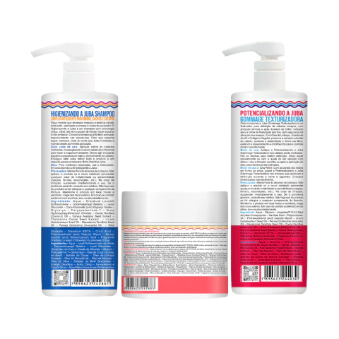Verso do Kit Widi Care Juba com shampoo de 1 litro, máscara Butter Oil e gommage para cabelos crespos, ideal para nutrição e tratamento capilar.