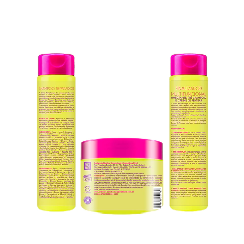 Verso do Kit Widi Care Phytomanga com shampoo, máscara de tratamento 300g e finalizador, embalagens amarelas com tampa rosa, indicado para nutrição capilar
