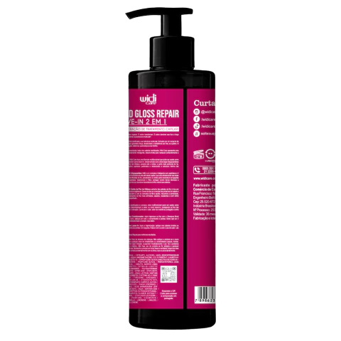 Verso do Leave-in Bond Gloss Repair 2 em 1 da Widi Care com 300 ml, indicado para reparar, condicionar e finalizar cabelos danificados.

