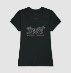 Camiseta feminina de algodão com estampa meu esporte é vaquejada