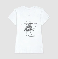 Camiseta feminina de algodão com estampa princesa de botas.