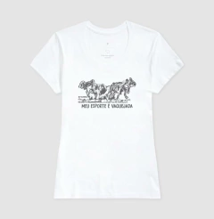 Camiseta feminina de algodão com estampa meu esporte é vaquejada