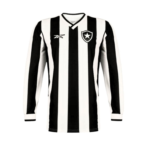 camisa-de-time-do-botafogo-reebook-glorioso-manga-longa-com-listras-preta-branca-gola-v-edição-limitada-edição-especial-botafogo-tradicional-2024-2025-titular-Brasileirão-betano-copa-do-brasil-carioca-alvinegro 