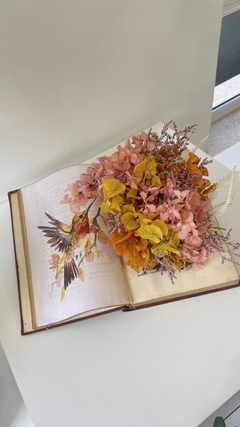 Flores no livro - beija-flor tons de rosa e laranja