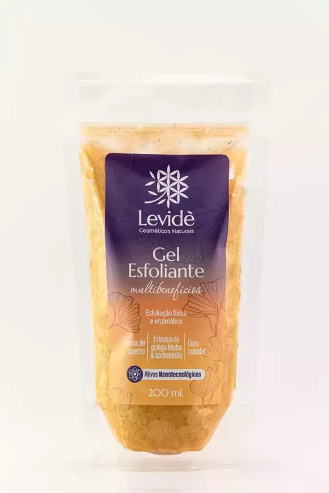Sachê de 200 ml de gel esfoliante multibenefícios Levidé com cristais de quartzo e ouro coloidal