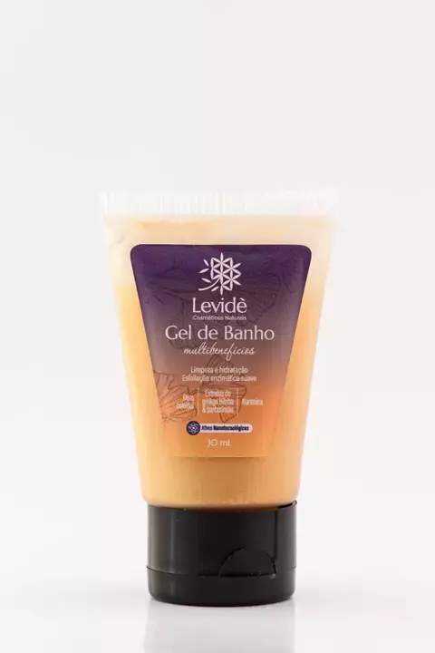 Tubo de 30ml do Gel de Banho Multibenefícios Levidè, com rótulo roxo e laranja, destacando extratos de ginkgo biloba e ouro coloidal
