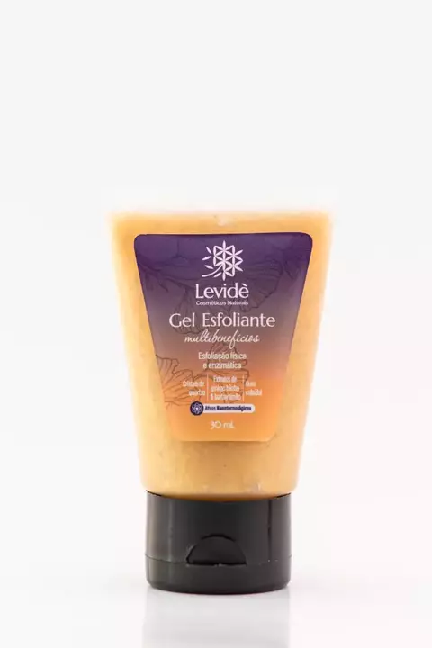 Tubo de 30ml de Gel Esfoliante Multibenefícios da Levidè Cosméticos Naturais, dourado com partículas visíveis