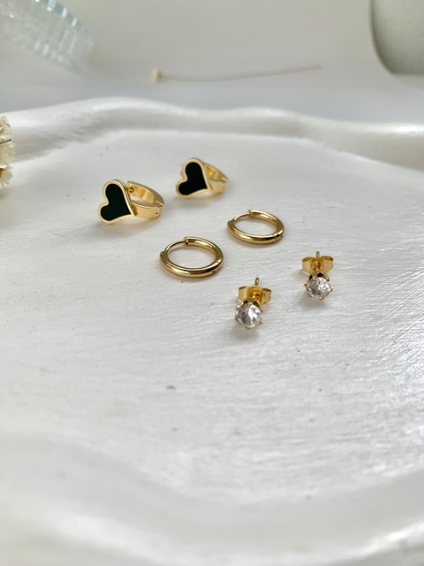 Trio Argolas click Coração preto e ponto de Luz em Aço Dourado - comprar online