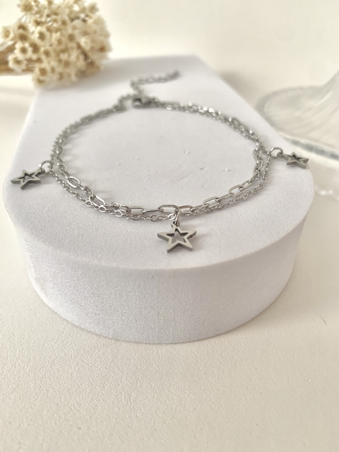 Tornozeleira Dupla Estrelas em Aço Inoxidável Prata - comprar online