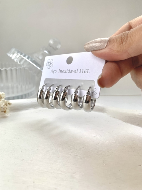 Trio Argolas Máxi Abauladas em Aço Inoxidável Prata - comprar online