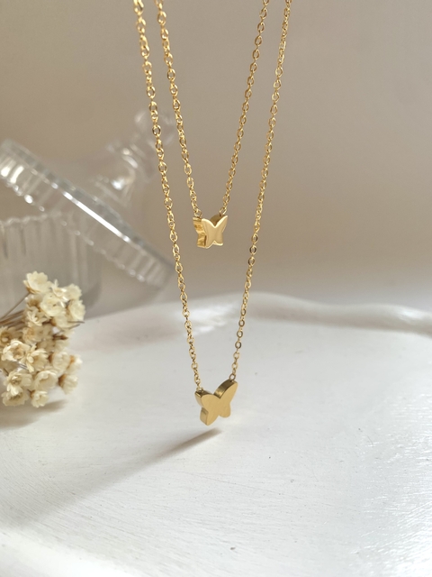 Colar Duplo Borboleta Em Aço Inoxidável Dourado - comprar online