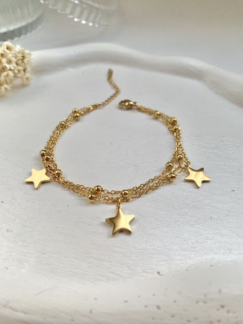 Pulseira Tripla Estrelas em Aço Inoxidável Dourado - comprar online