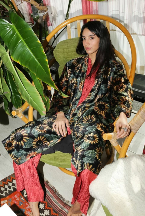 Kimono Velvet Bagru Verde Plateado Floral - comprar en línea