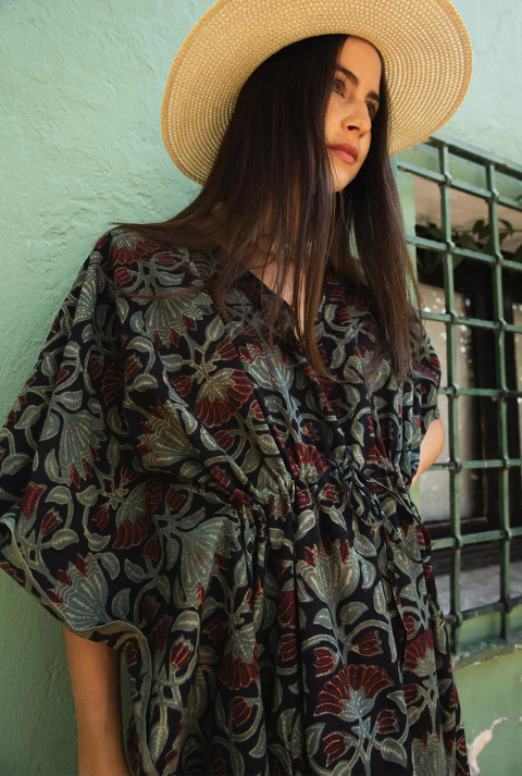 Kaftan Algodón Negro/Verde/Terracota - comprar en línea