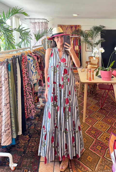 Vestido Maxi Summer Poppy Flower Rayas Gris - comprar en línea