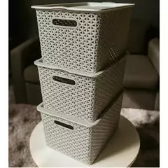 Canasto Organizador Grande 30Lts. Tramado Ratan Con Tapa - Pack x3 en internet