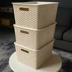 Canasto Organizador Grande 30Lts. Tramado Ratan Con Tapa - Pack x3