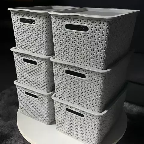 Canasto Organizador Grande 30Lts. Tramado Ratan Con Tapa - Pack x6