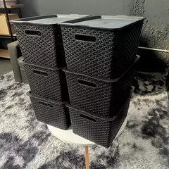 Canasto Organizador Grande 30Lts. Tramado Ratan Con Tapa - Pack x6