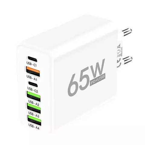 Carregador usb c 65w, 6 portas, carregamento rápido, carregador de parede - comprar online