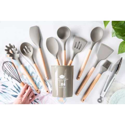SET 11 PIEZAS UTENSILIOS SILICONA Y MADERA GRIS (ETN0158G)
