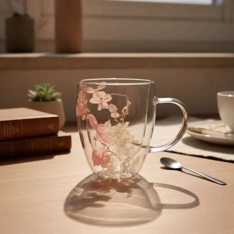 MUG DOBLE VIDRIO C/ASA FLORES ROSA CLARO 350ML (ASD5372)