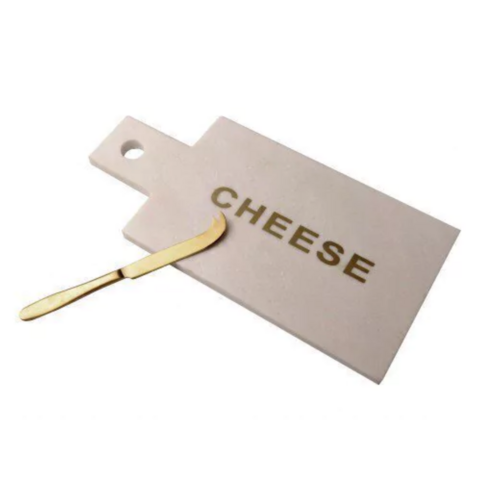 TABLA QUESO MARMOL BLANCO Y DORADO + CUCHILLO DORADO (EXA7001)