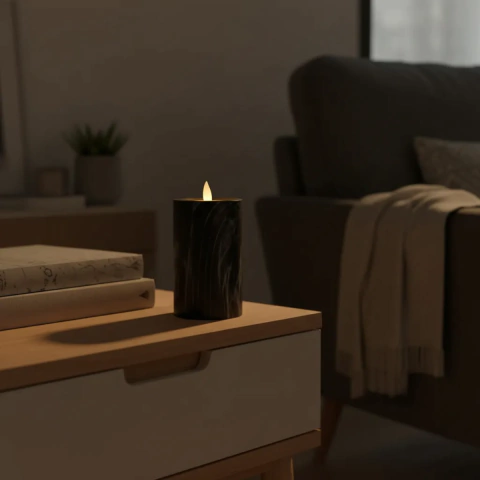 VELA A PILA EFECTO MARMOL NEGRO 12CM (ETN0288)