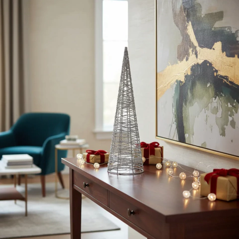 CONO HILOS ENTRE LUZ A PILA PLATEADO 50CM (COR0053A)