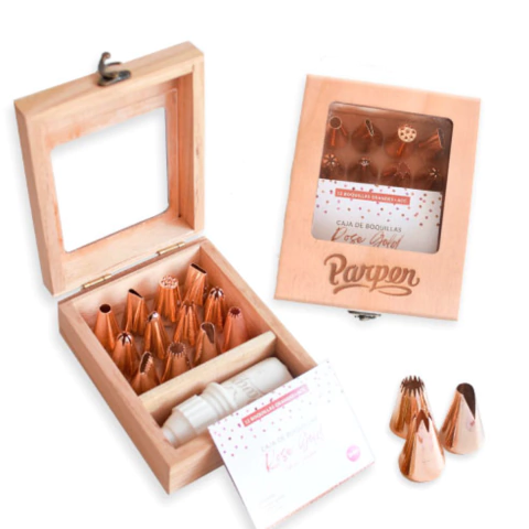 CAJA MADERA C/12 BOQUILLAS GRANDES ROSE GOLD (PAR0124)