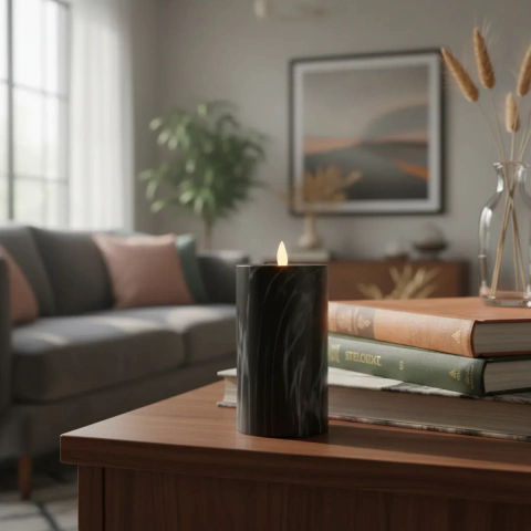 VELA A PILA EFECTO MARMOL NEGRO 15CM (ETN0287)