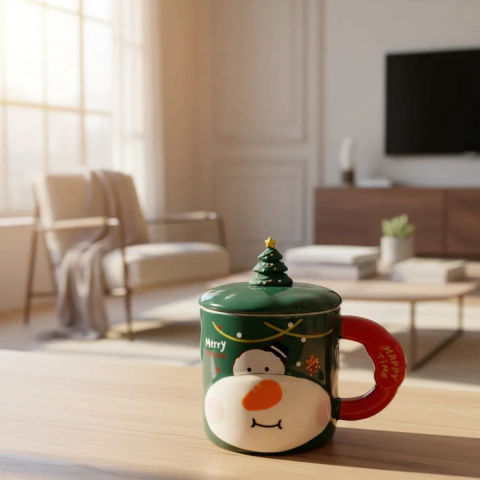 TAZA DE CERAMICA CON TAPA MUÑECO DE NIEVE (OCR2524B)