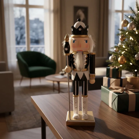 CASCANUEZ SOLDADITO DE NAVIDAD BASTON NEGRO/BLANCO 25CM (ETN0267)