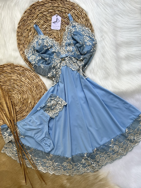 Camisola Miely em Microfibra Ligalight e Renda - Azul Claro com Renda Marfim