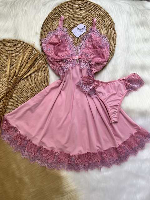 Camisola Miely em Microfibra Ligalight e Renda - Rosa com Renda Lilás