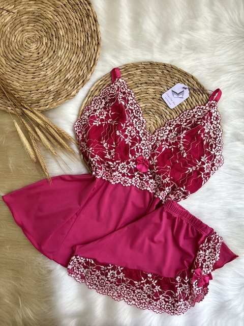 Baby Doll Miely em Microfibra Ligalight e Renda - Rosa Pink com Renda Branca
