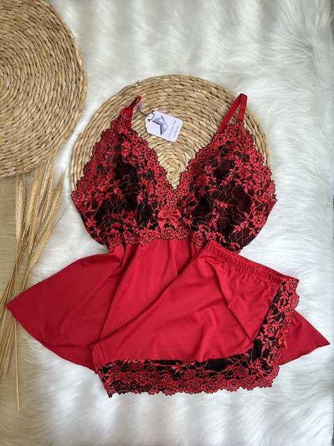 Baby Doll Miely em Microfibra Ligalight e Renda - Vermelho com Renda Preta/Vermelho