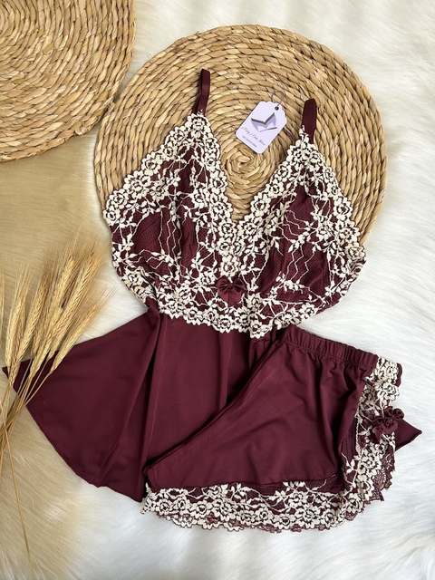 Baby Doll Miely em Microfibra Ligalight e Renda - Marsala com Renda Marfim