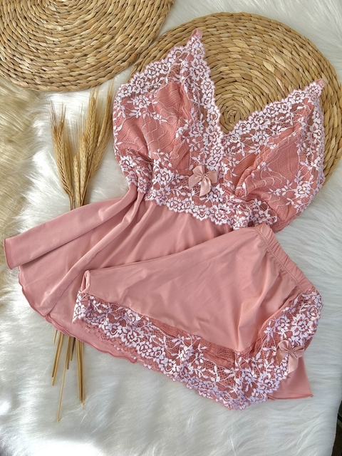 Baby Doll Miely em Microfibra Ligalight e Renda - Rose com Renda Branca