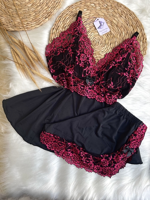 Baby Doll Miely em Microfibra Ligalight e Renda - Preto com Renda Rosa Pink