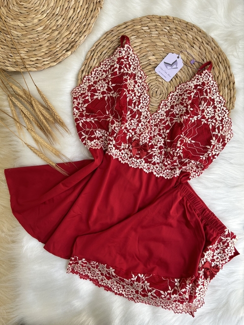 Baby Doll Miely em Microfibra Ligalight e Renda - Vermelho com Renda Branca