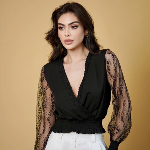 Blusa Manga Longa Renda Feminina Elastico Na Cintura