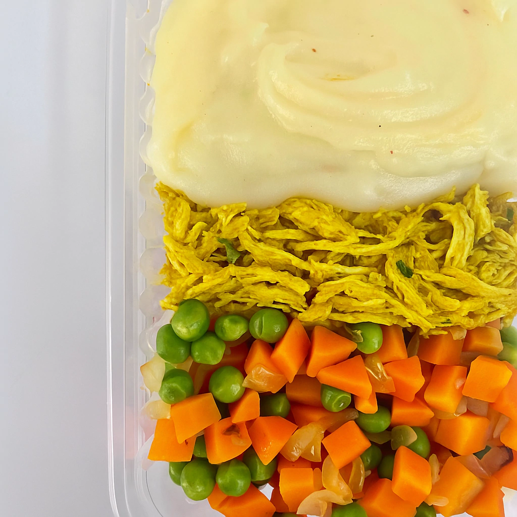 Caseirinho com frango: purê cremoso, frango desfiado e legumes