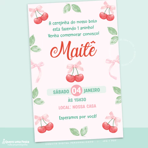 Convite Aniversário Cereja Personalizado - Digital - comprar online
