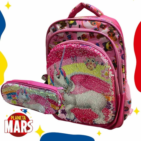 Mochila Unicornio con lentejuelas reversibles y luces + cartuchera