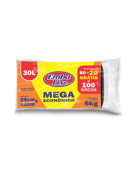 Saco de Lixo Embalixo Rolo Preto Mega Economico 30 litros com 100 Sacos