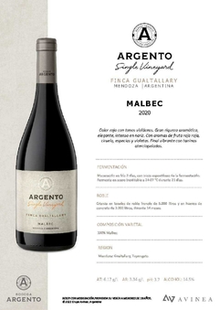 Vino Argento Single Vineyard Agrelo Malbec 2020 - comprar online