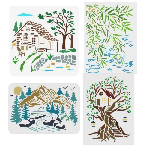 Kit 4 stencil Paisagem natureza casa floresta A4 - comprar online